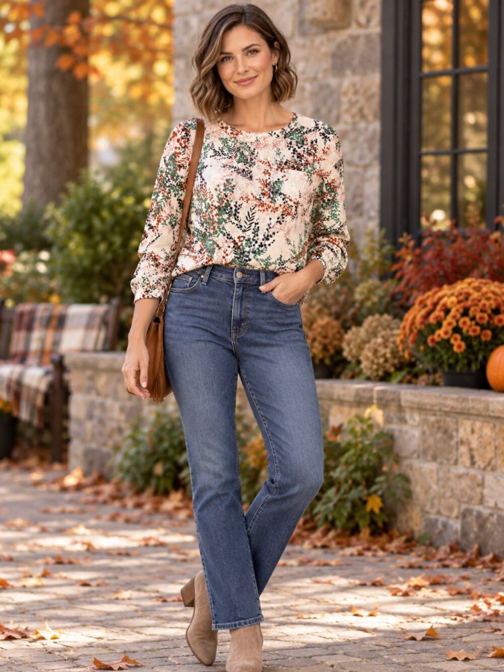 Van Heusen Cream Botanical Print Long Sleeve Blouse Size L Relaxed Fit